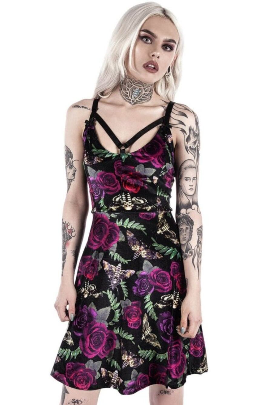 Killstar Velvet Skull & Roses Fit & Flare Dress Womens Large Strappy Whimsigoth